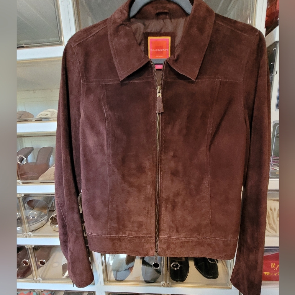 Isaac Mizrahi Dark Brown Suede Leather Cropped Jacket Sz M - Picture 2 of 7